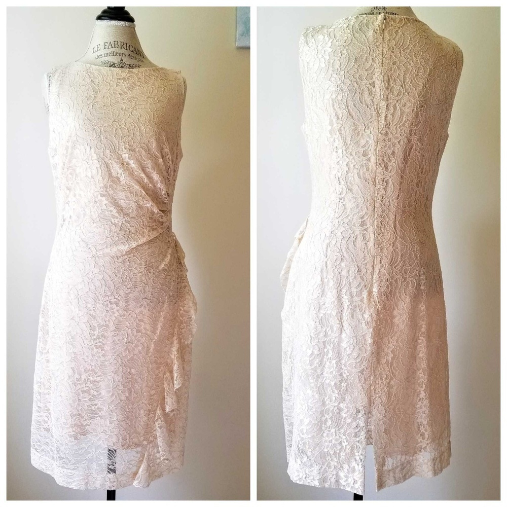 Tahari ASL | Cream Lace Ruffle Front Sheeth Dress